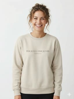 Model wearing Esther 4:14 Sweatshirt in a luxury architectural setting