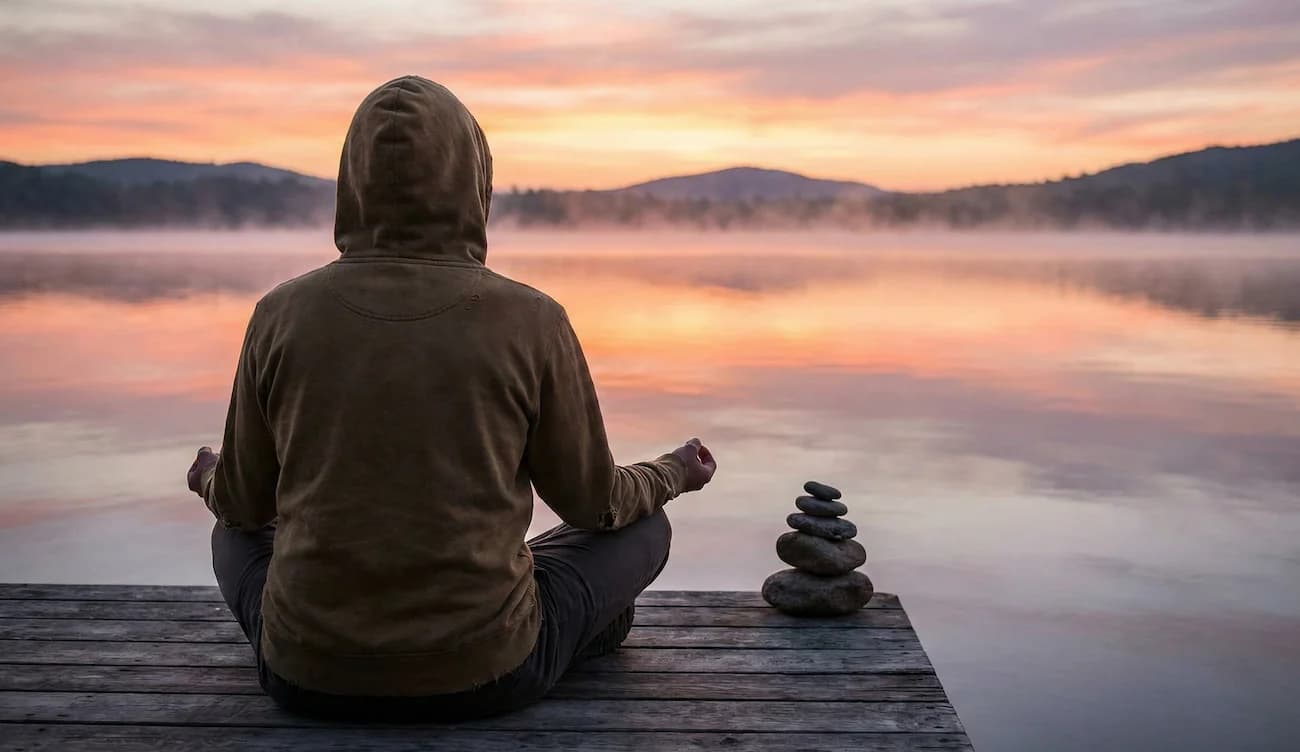 A person sitting peacefully by a calm lake at sunrise, symbolizing peace of mind.